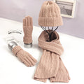 MIO Women Winter Knitted Hat Scarf Gloves Set Solid Color Knit Jacquard Beanie Hat Warm Acrylic Gloves Thick Long Scarf Set