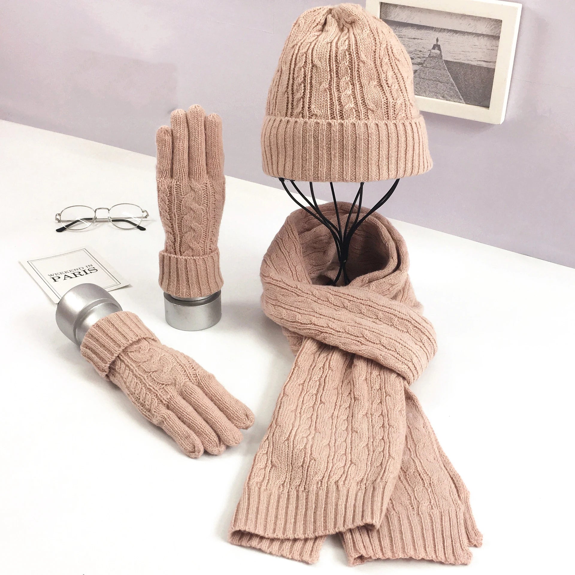 MIO Women Winter Knitted Hat Scarf Gloves Set Solid Color Knit Jacquard Beanie Hat Warm Acrylic Gloves Thick Long Scarf Set