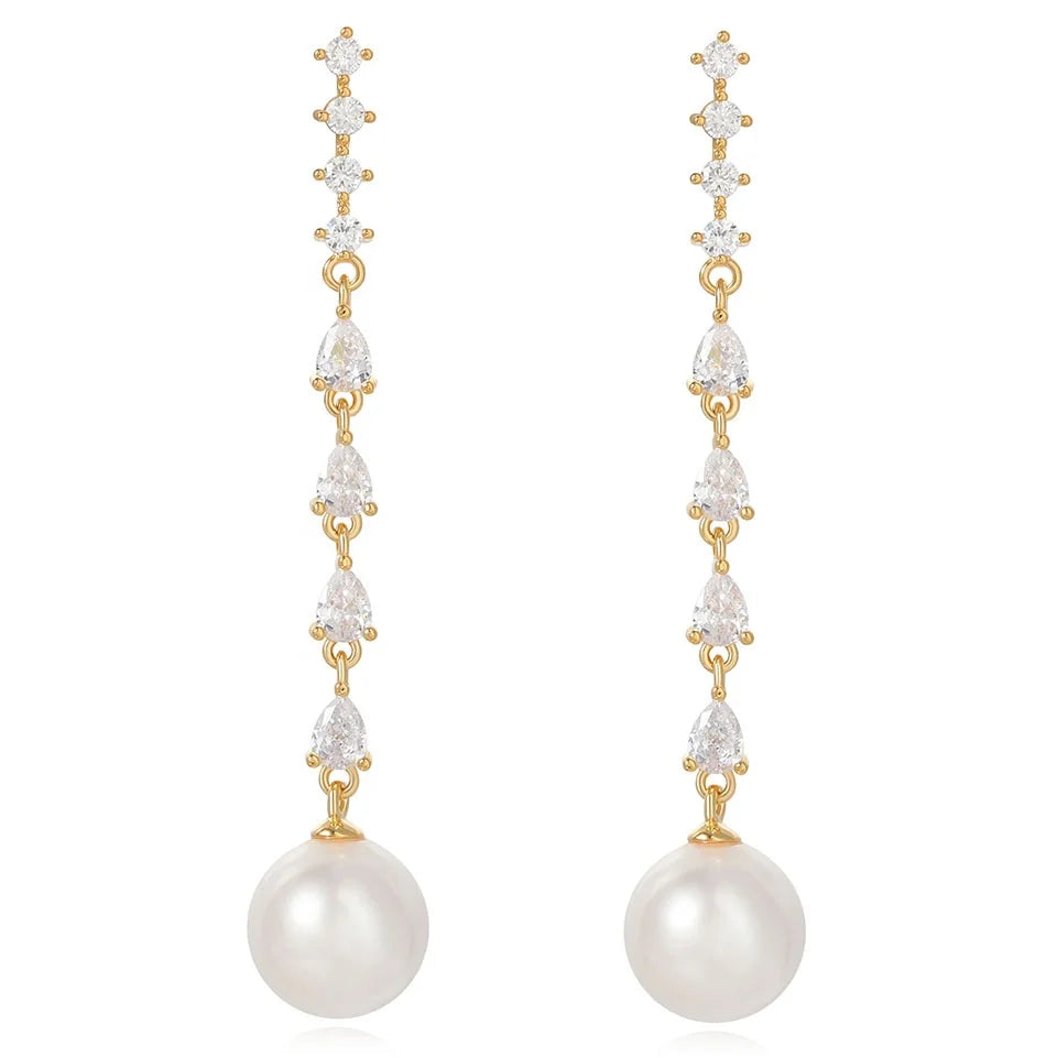 2024 New Light Luxury Fashion Silver Zircon Long Tassel Bright White Pearl Earrings for Women Jewelry Customized