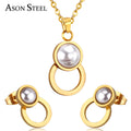 18K Gold Plated Pearl Necklace Set Women Fashion Jewelry Stainless Steel Circle Statement Pendant Earrings Jewelry Everyday Wear