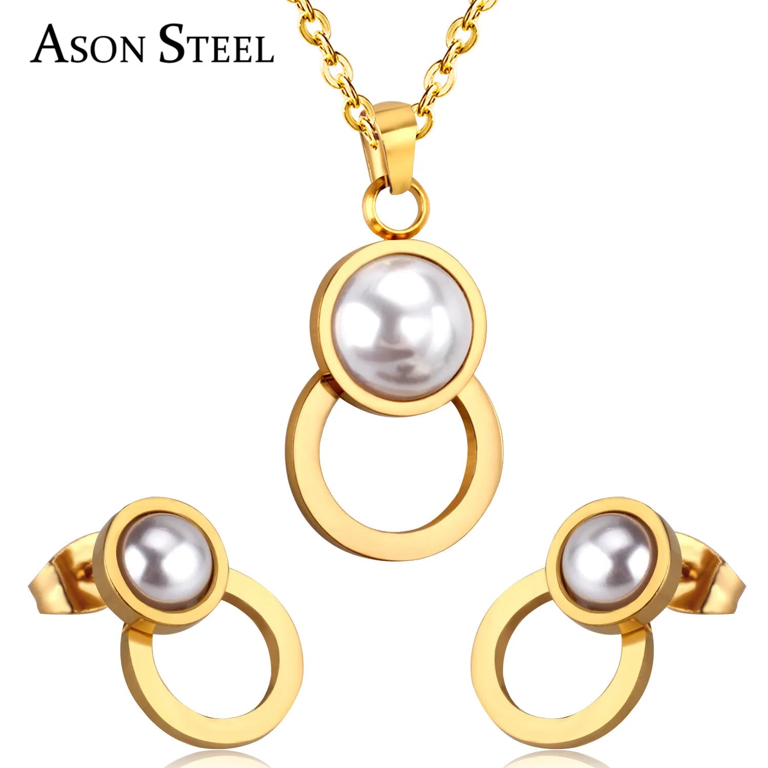 18K Gold Plated Pearl Necklace Set Women Fashion Jewelry Stainless Steel Circle Statement Pendant Earrings Jewelry Everyday Wear