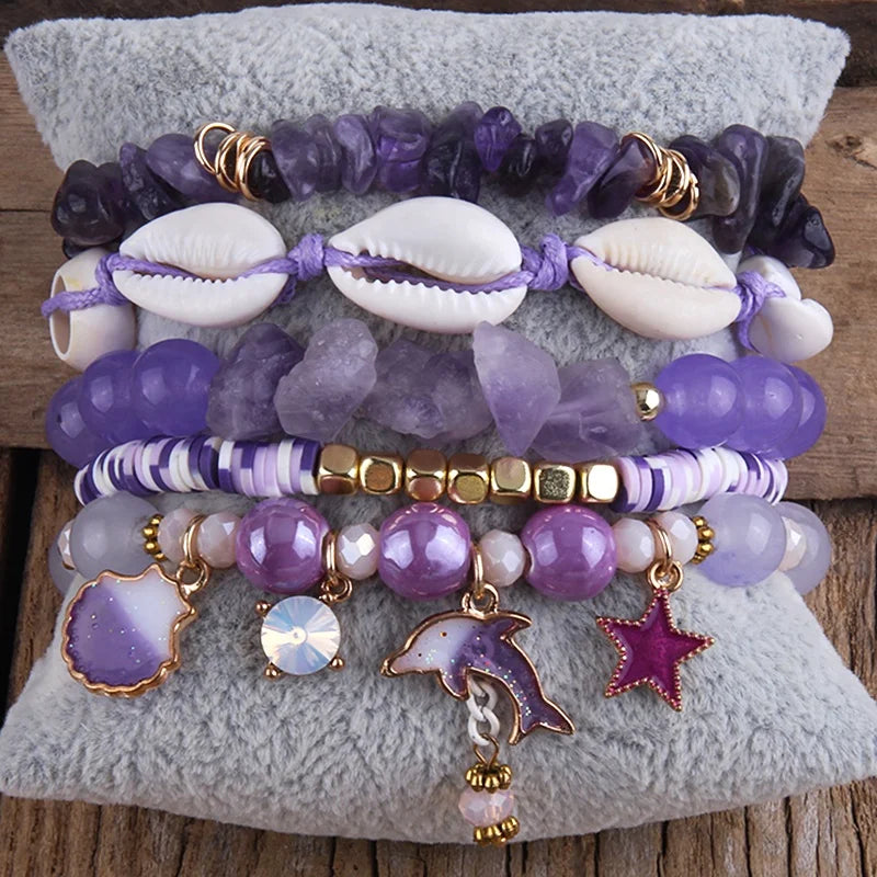 Beautiful Cute Multicolor Boho Jewelry Natural Stone Crystal Glass Shell Bracelet Dolphin Drop Star Elastic Stack Bracelet Set