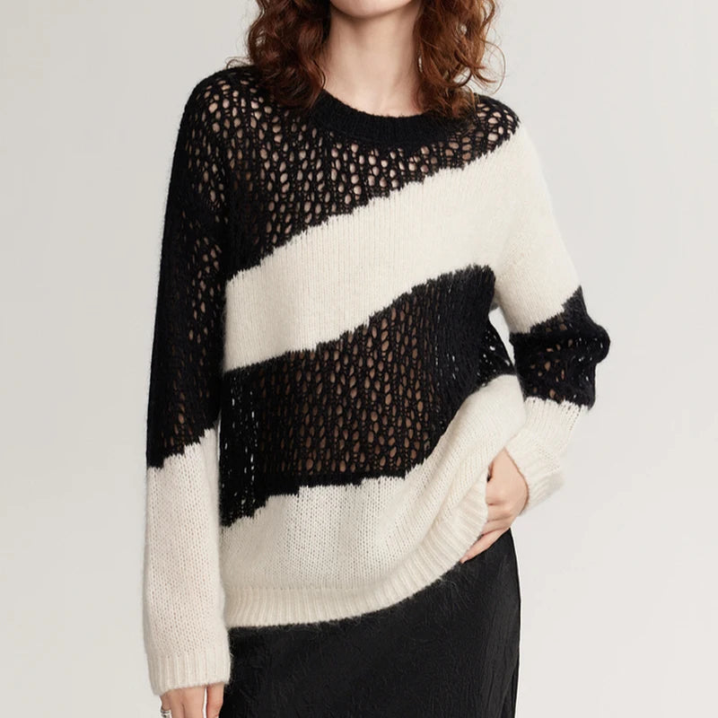 OEM Casual Woman's Mohair Sweater in Black White Spring Season Striped Mesh Textured Hollow Front Logo Anti-Wrinkle Anti-Pilling