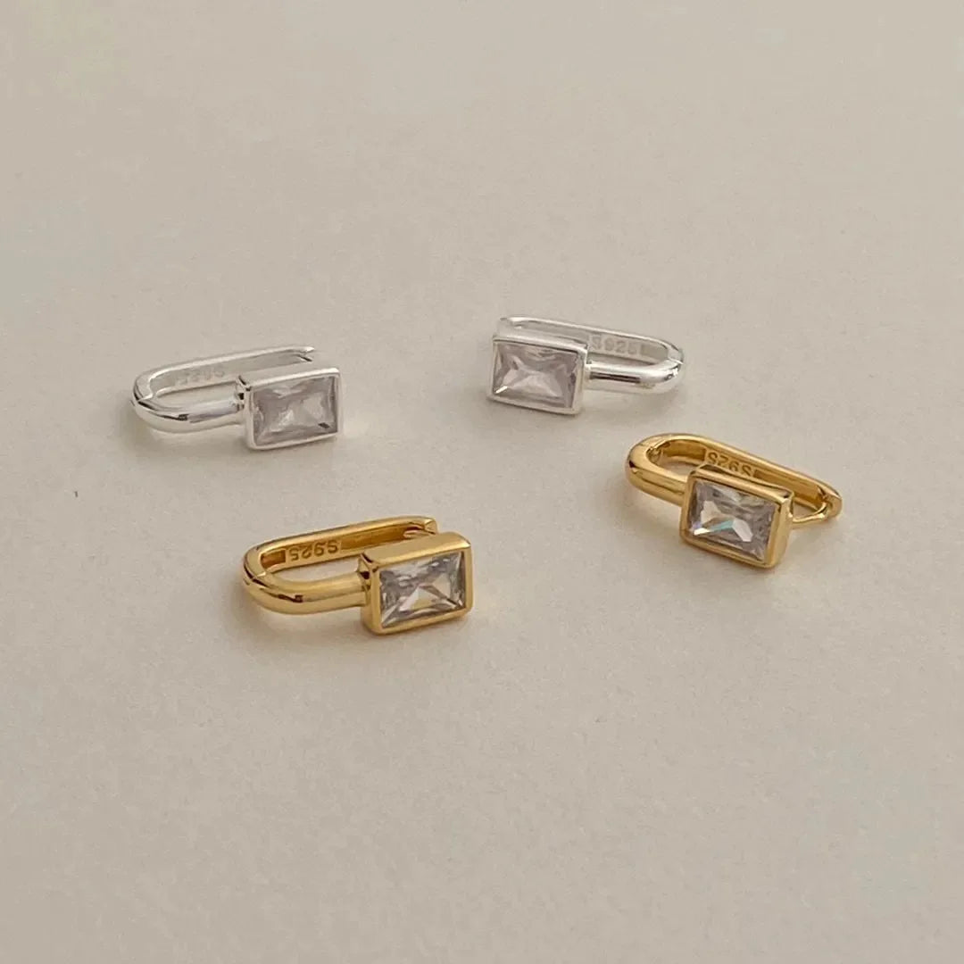 Unique 925 Sterling Silver Bezel Setting Rectangle Zircon U Shape Huggie Earrings for Women Wholesale