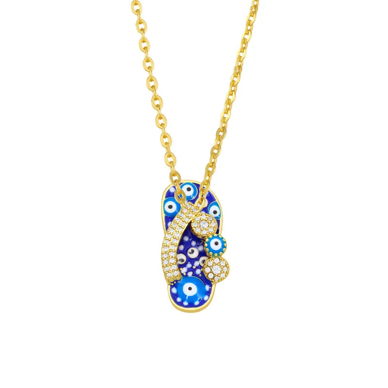 Bohemian Inlaid Zirconium Dripping Oil Cool Summer Slippers Evil Eye Pendant Necklace 18k Copper Plated Color Preservation