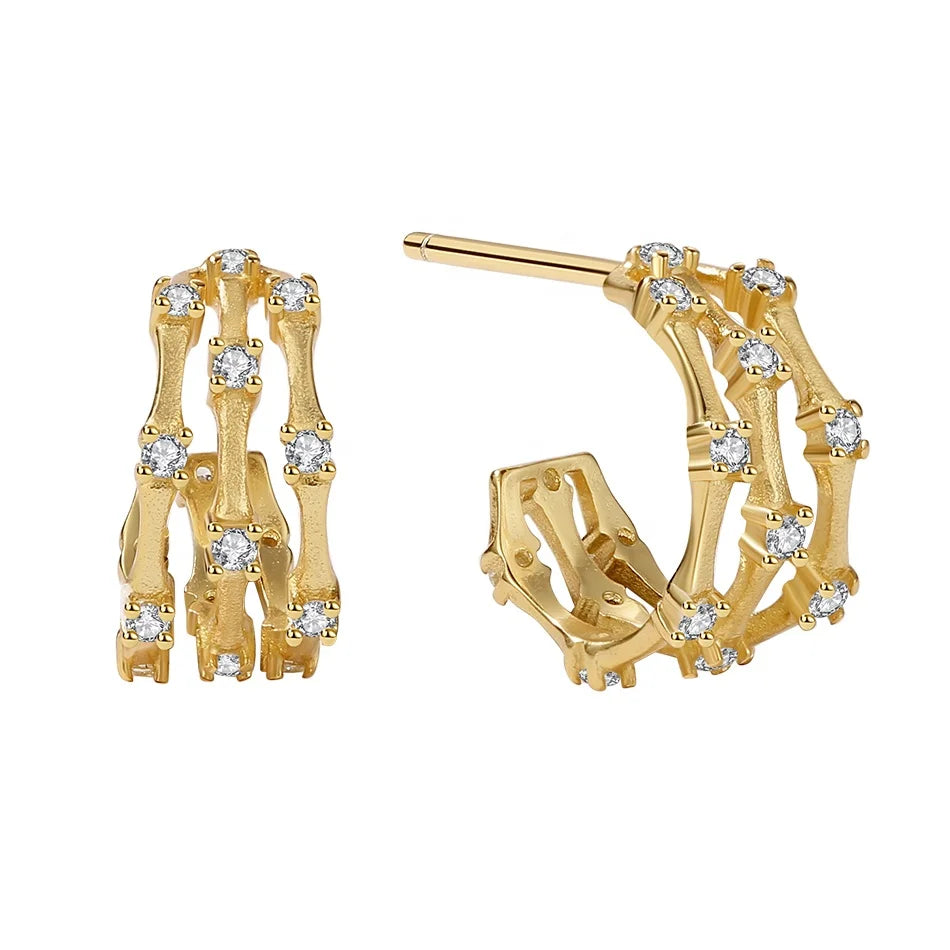 Nagosa 925 Silver Jewelry 18k Gold Plated Vermeil Pave CZ Retro Triple Bamboo Huggie Hoop Earrings