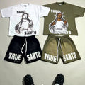 Custom Streetwear Applique Boxy Heavyweight Two Piece Shorts Set Screen Printing Tee Distressed Patch T Shirt and Shorts Set