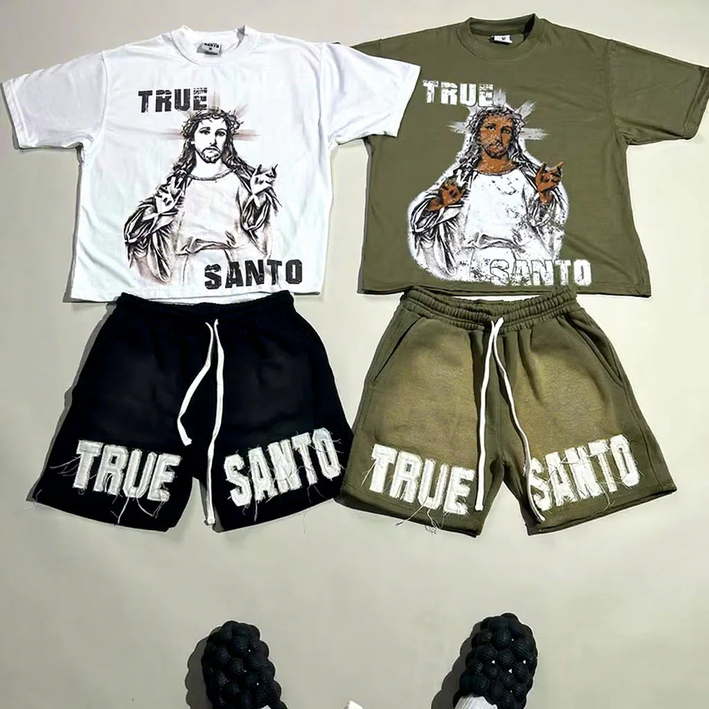 Custom Streetwear Applique Boxy Heavyweight Two Piece Shorts Set Screen Printing Tee Distressed Patch T Shirt and Shorts Set