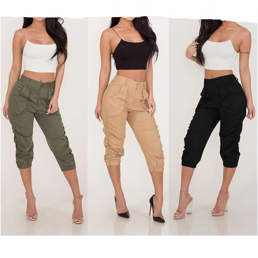 Summer Autumn Ladies 3/4 Trousers Womens Three Quarter Elasticated Waist Casual Capri Cropped Pants