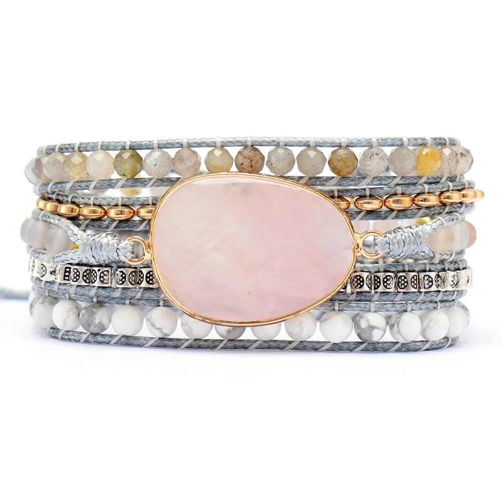 Hot Sale Rose Quartz Silicone Wrap Bracelets Unisex Bohemian Jewelry Bangles Sunstone Bracelet Silver Plated Custom Size Party