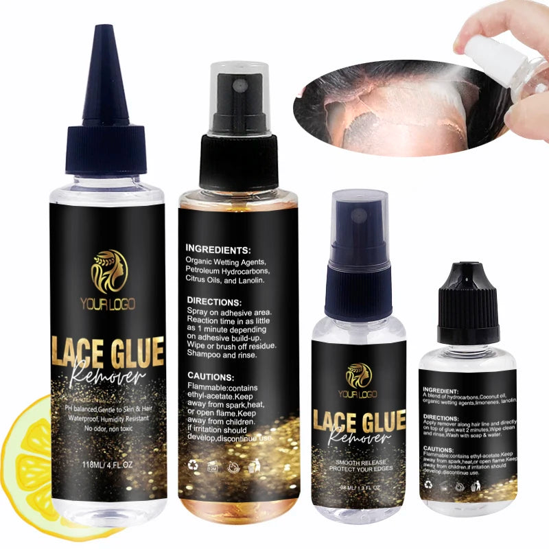 Custom Label Own  logo 118ml 30ml 38ml PH Balanced Lemon Scented  Oil Base Nozzle Hair Bond Release Wig Lace Glue Remover Spray