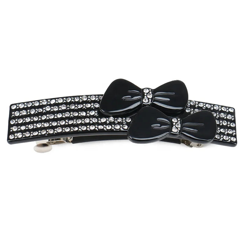 Elegant Bow Hair Clip Hand Made Acetate Women Hair Accessories Inlaid with Black Rhinestone Hair Barrette Clip