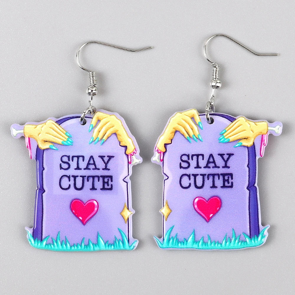 Hip Hop Funky Purple Tombstone Love Stars Witch's Hands Scary Nails Keep Cute Acrylic Arch Tombstone Earrings for Women