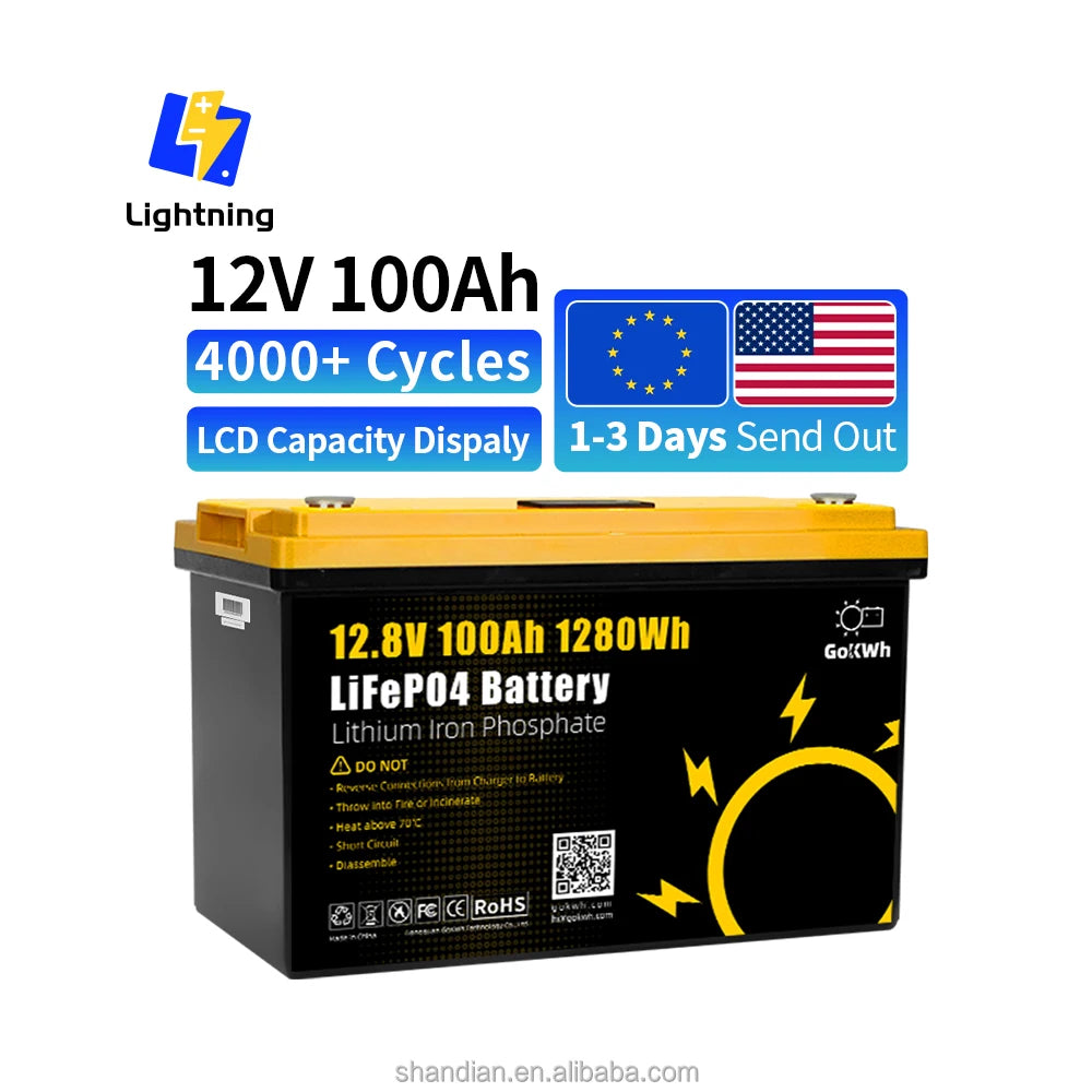 GoKWh Grade a Lithium Ion Batteries 12V 100Ah 200Ah 300Ah Lifepo4 Solar Battery RV Marine Golf Cart Lithium Battery