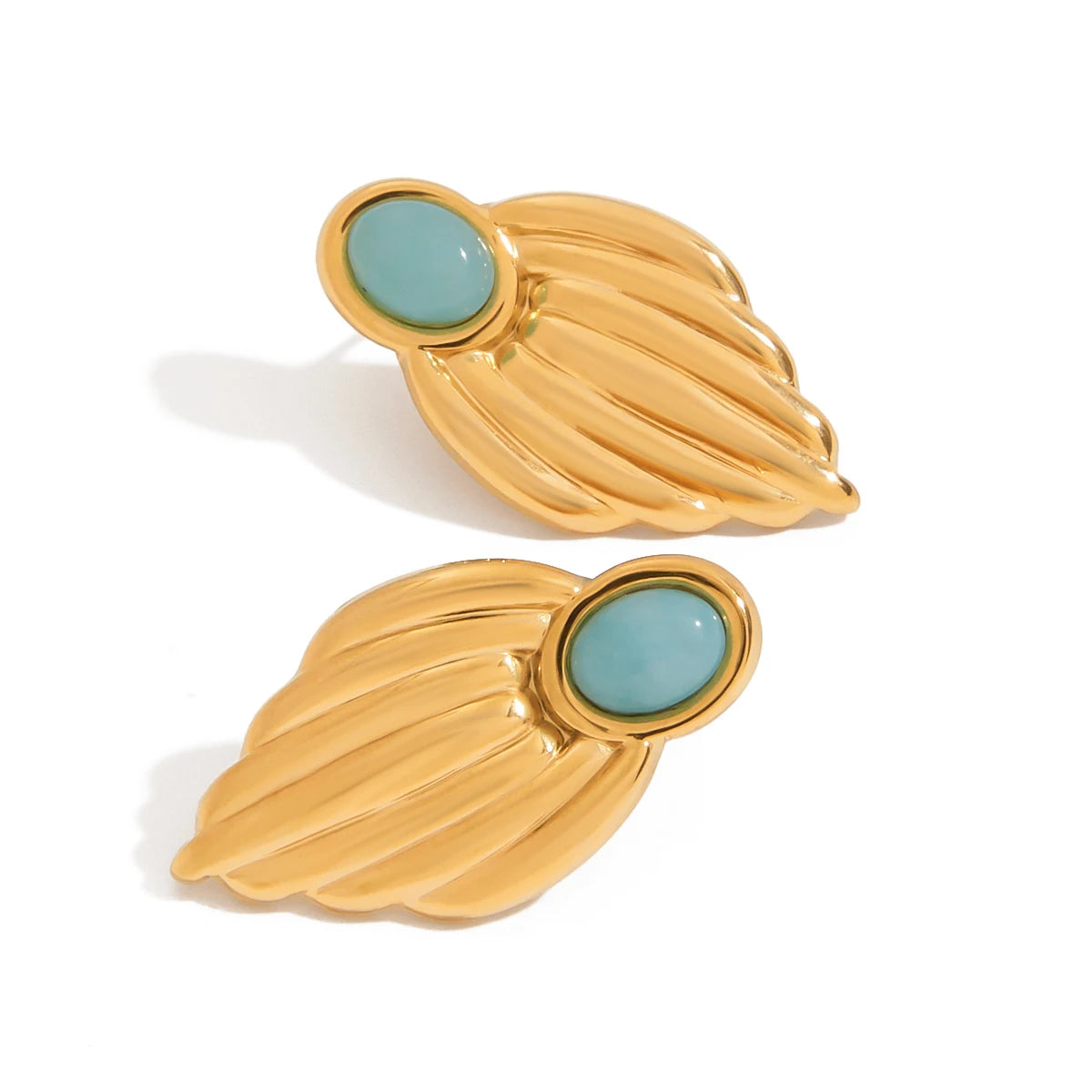 J&D Niche Design Bohemian Style 18K Gold Stainless Steel Blue Stone Glossy Leaf Earrings
