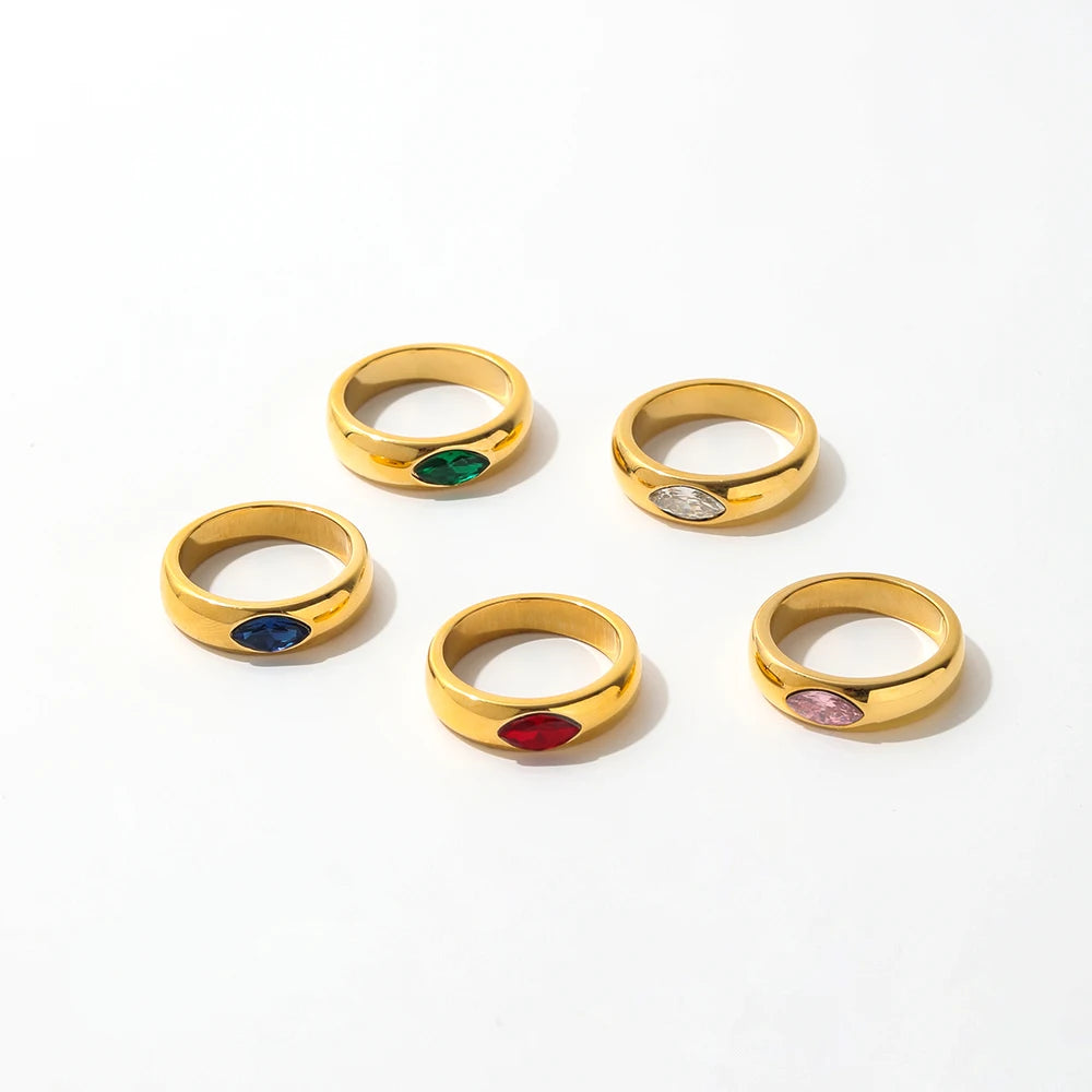 Joolim Jewelry Wholesale 18K Gold Plated Green Red Green Pink Eye Zirconia Stainless Steel Rings for Women Dainty Rings