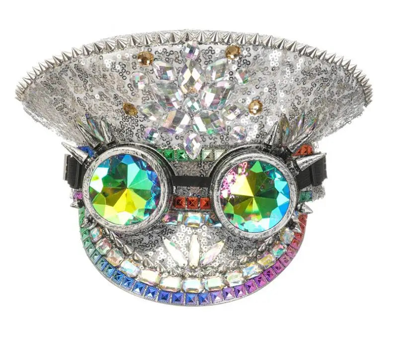 Ecowalson  Fashion Women Bride Hat Silver Sequin Burning Bridal Captain Sergeant Hat Luxury Rhinestone Festival Birthday