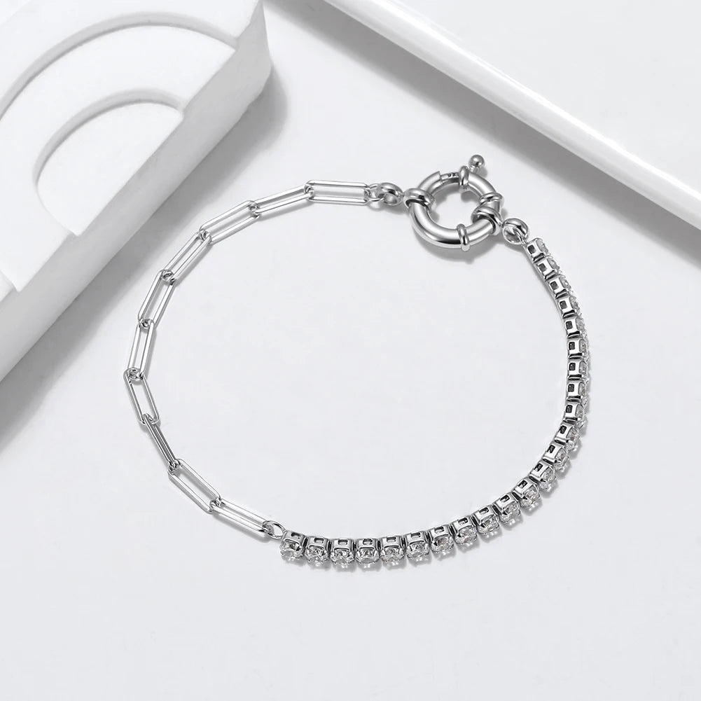 RINNTIN SB119 Trendy 925 Sterling Silver White Zircon Tennis Bracelet Gold Plated Cuban Chain Women's Gift