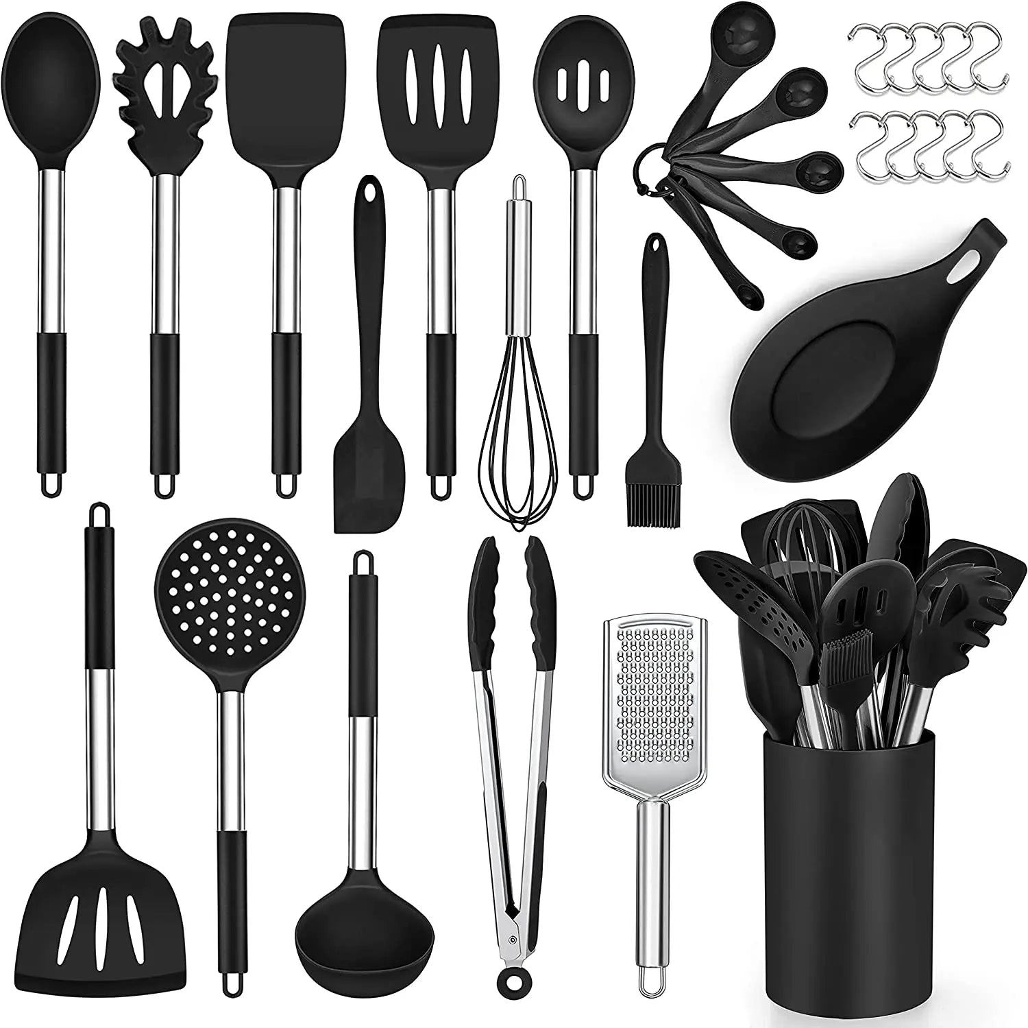 Kitchen Utensils Set With Handle BPA Free Silicone Cooking Utensils Set With Holder for Dishwasher Safe