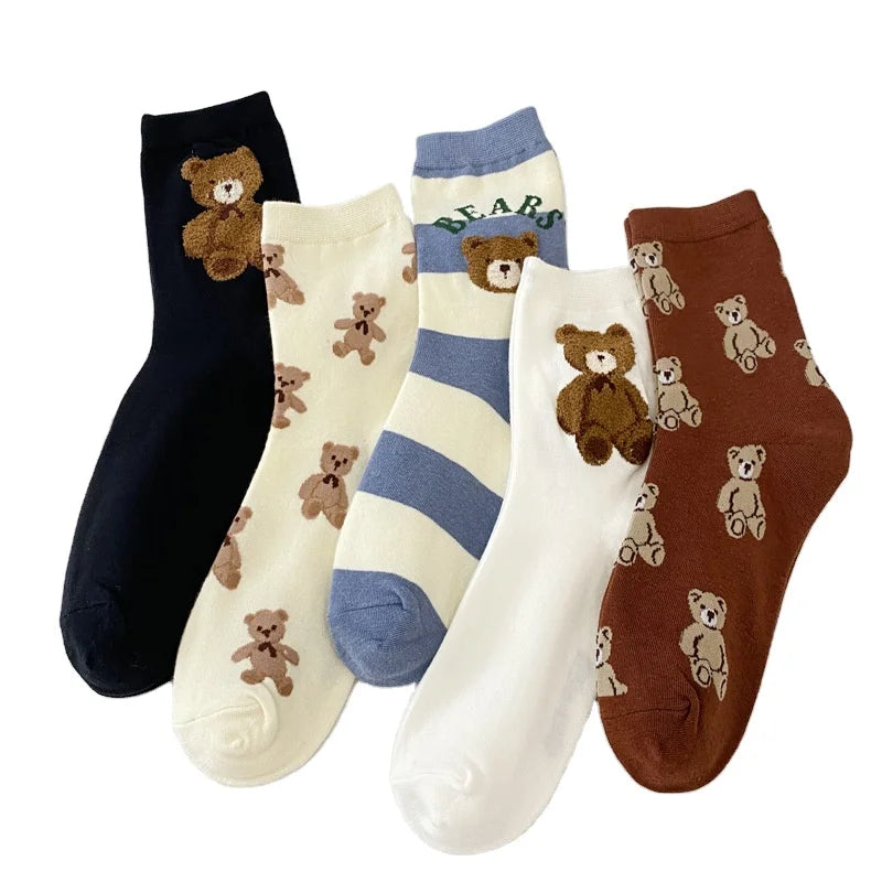 New Cute Korean Version Plush Teddy Bear Tube Socks Spandex Crew Socks with Casual Cartoon Design Free Size