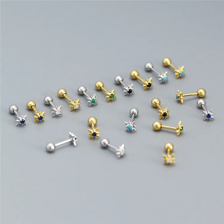 SP Dainty Minimalist Screw Backs Studs Jewelry 925 Sterling Silver Turquoise Zircon Starburst Stud Earrings