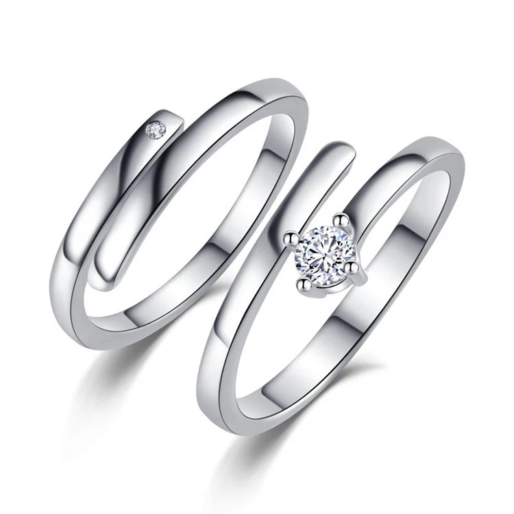 Dainty 925 Silver Plated Crystal Zircon Engagement Wedding Adjustable Couples Rings Set Jewelry for Lovers