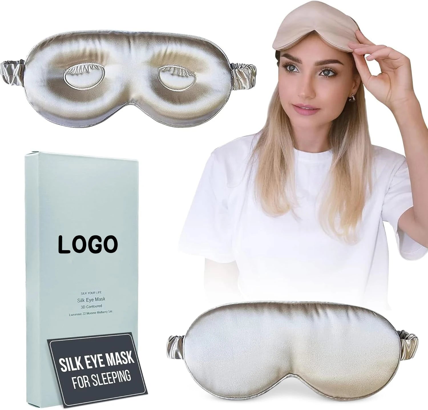 22 Momme Silk Eye Mask for Sleeping with Adjustable Elastic Band 3D Contoured Eye Cover Sleep Mask Including the Strap for Women