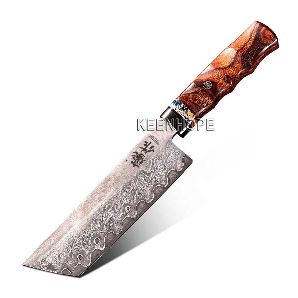 KEENHOPE Handmade 7 Layers Damascus Steel 6 Inch Japanese Nakiri 10Cr15CoMoV Clad Steel Inlayed Wooly Stone USA Desert Ironwood