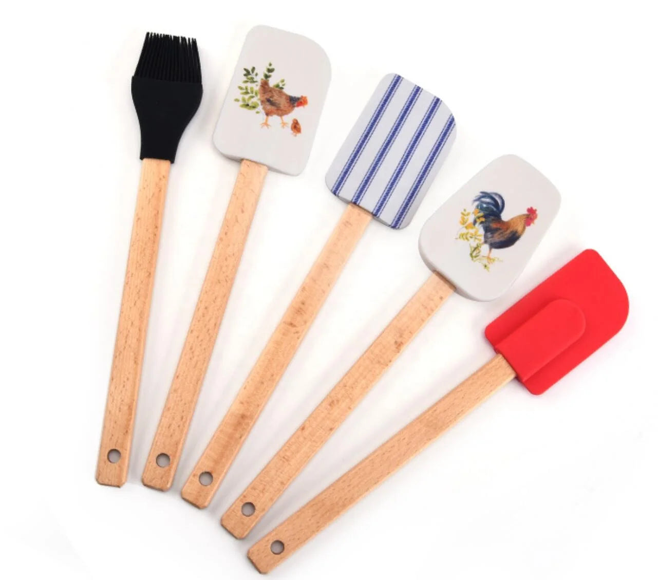 Logo Custom Wholesale 5 Piece Kitchen Baking Silicone Spatula Soft Set with Wooden Handle Box Utensils