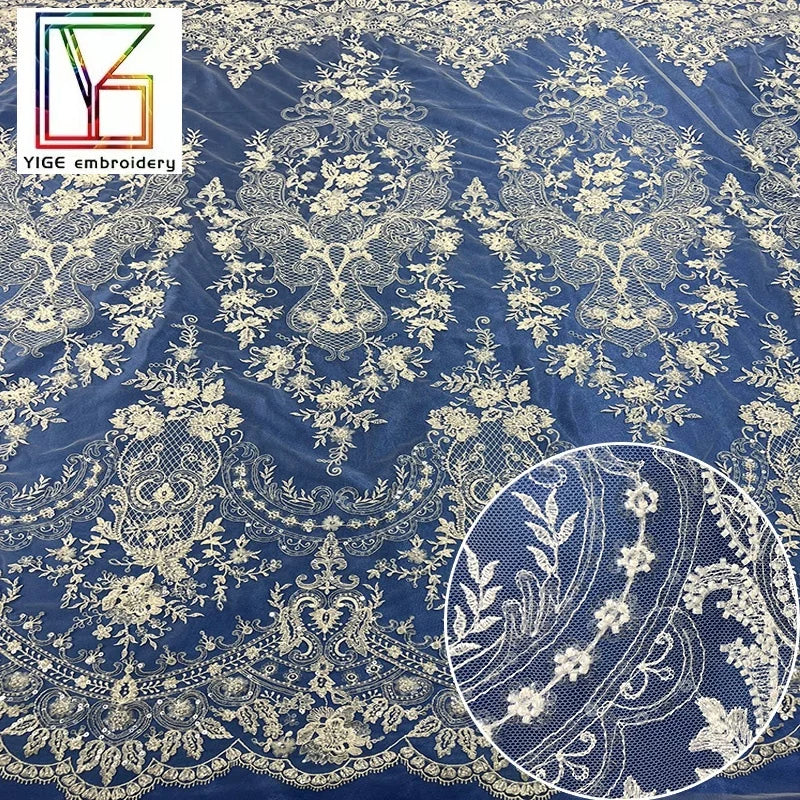 New French White Beaded Sequins Bridal Wedding Lace Mesh With Sequins Embroidery Women Dress Lace Fabric