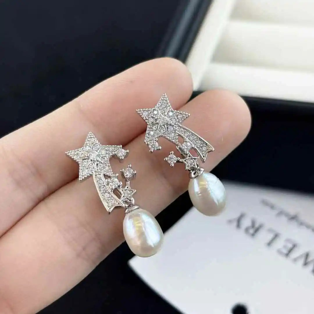 New Comet Pearl Earrings Silver Plated Ear Pins with AAAA Grade Natural Freshwater Rice Shape Drop Pearls Trendy Women's Jewelry