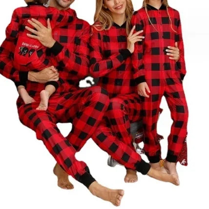 New Arrivals Customize Logo Christmas Round Neck Plaid Solid Color Printed Parent-child Set Jumpsuit Pajamas for Home Wear
