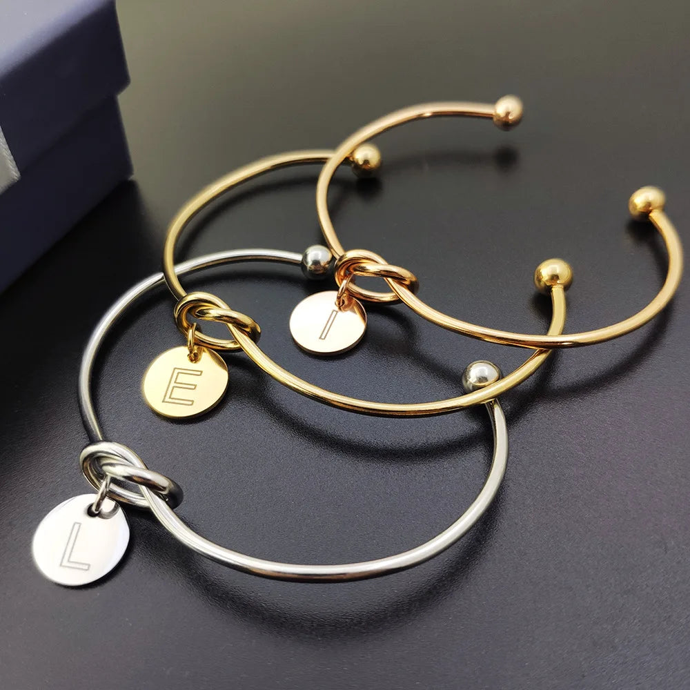 Knot Cuff Bracelets for Unisex Dainty Gold Initial Letter A-Z Charm Pendant Stainless Steel Jewelry