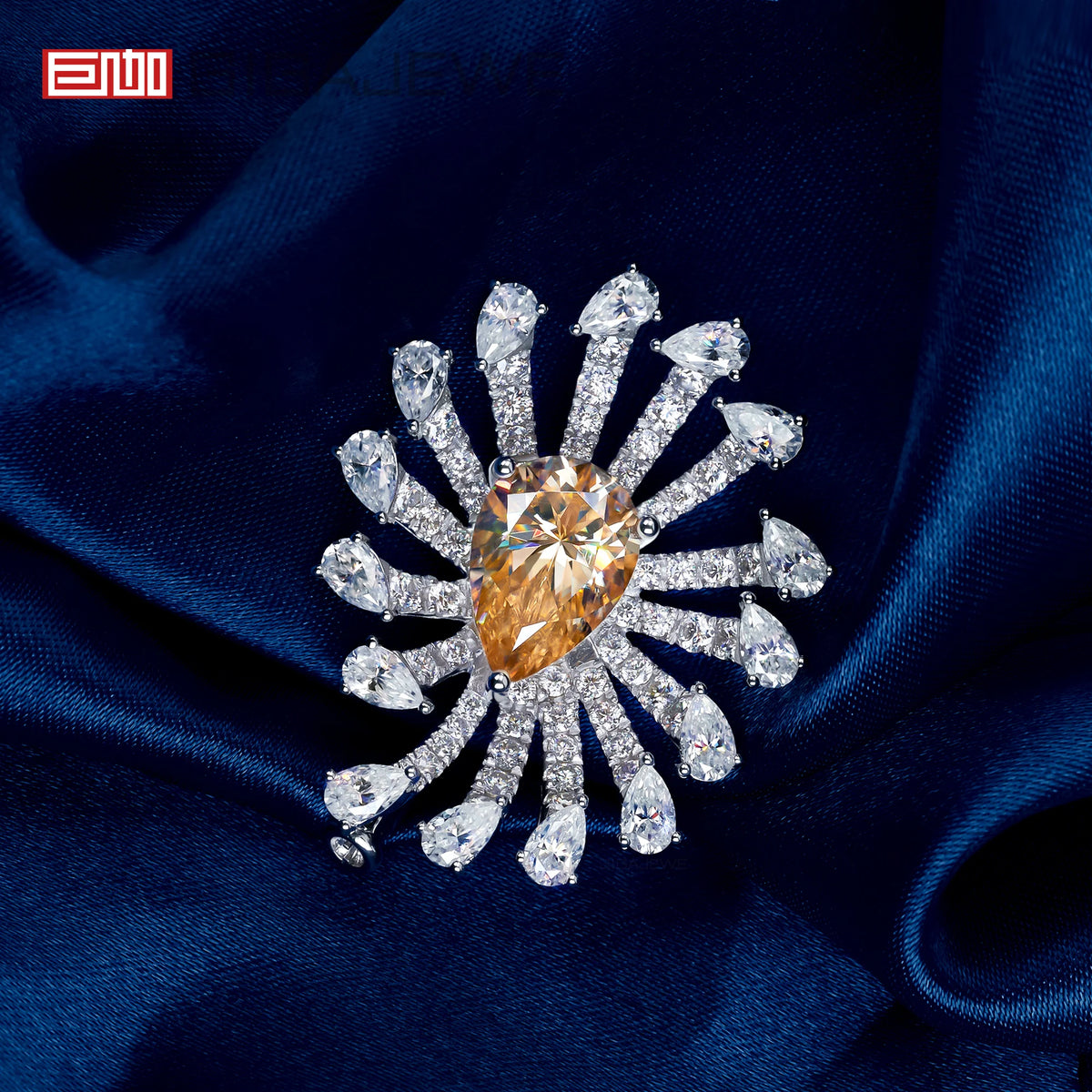 GIGAJEWE 9x13mm Pear Cut Cyan Brown Moissanite Sunburst Brooch 925 Sterling Silver Luxury Animal Flower Lapel Pin for Women MegaBDM