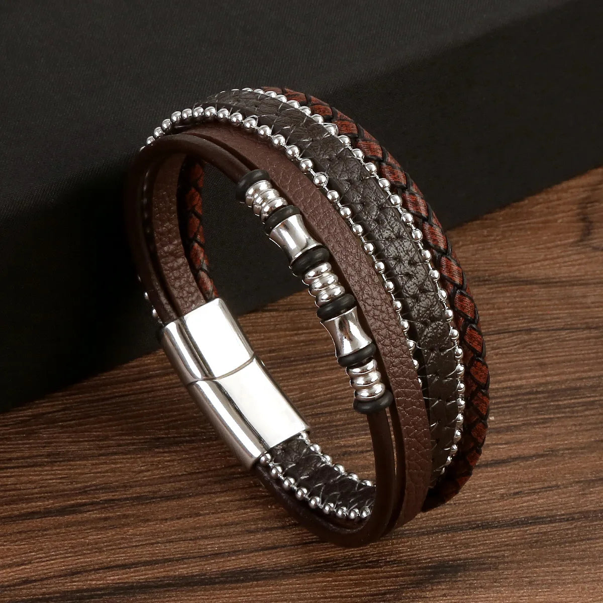 New Arrival Gothic Punk Wide Black Brown Leather Bracelets Stainless Steel Leather Bracelets for Men