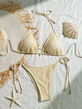 Women Cream Texture Triangle Bikini Set Tie Side Halter String Swimwear Bead Decor Beach Bathing Suit