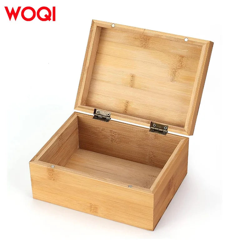 WOQI Unpainted Large Bamboo Wooden Stash Box with Hinged Lid for Craft Gifts Organizing Tea or Kitchen Spices and Herbs