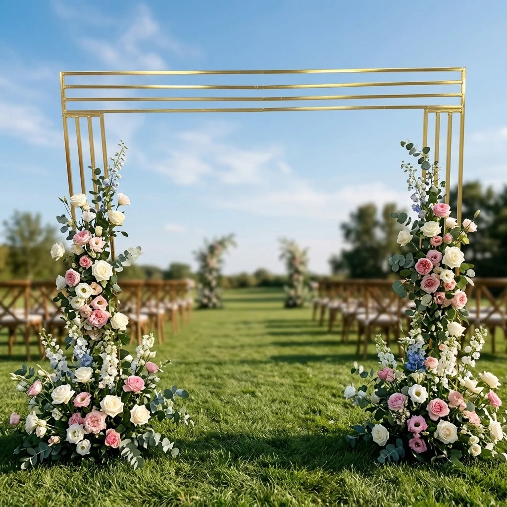 Hot Sale Shiny Gold-plated Square Screen Backdrop Frame Wedding Arch Gilded Geometry Flower Arch Stand for Sale
