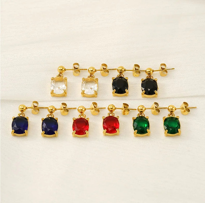 Hot Trend New Style Stainless Steel Drop Earrings Oval Colorful Zirconia 18K Gold Plated Trendy Jewelry for Women for Gifts