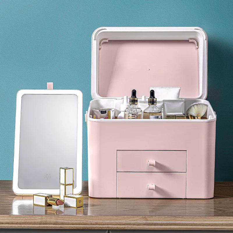 Waterproof Dustproof Makeup Storage Box With Dust Free Cover Portable Handle Fully Open Waterproof Lid Cosmetic Storage Box