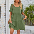 2023 Fashion Short Dress V Neck Pleat Ruffles Skirt Sweet Solid Color Loose a Line Skirt Casual Dress