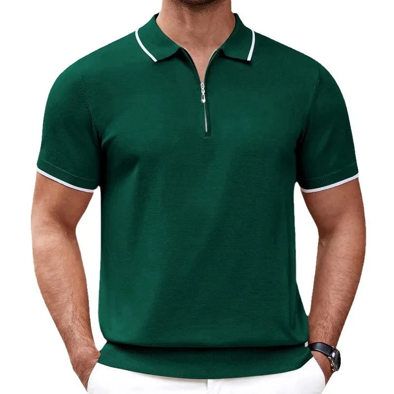 Men's Casual Short Sleeve for Polo T-Shirt New Breathable Knit with Blank Design and Solid Pattern Zip-up Lapel Crochet Shirt