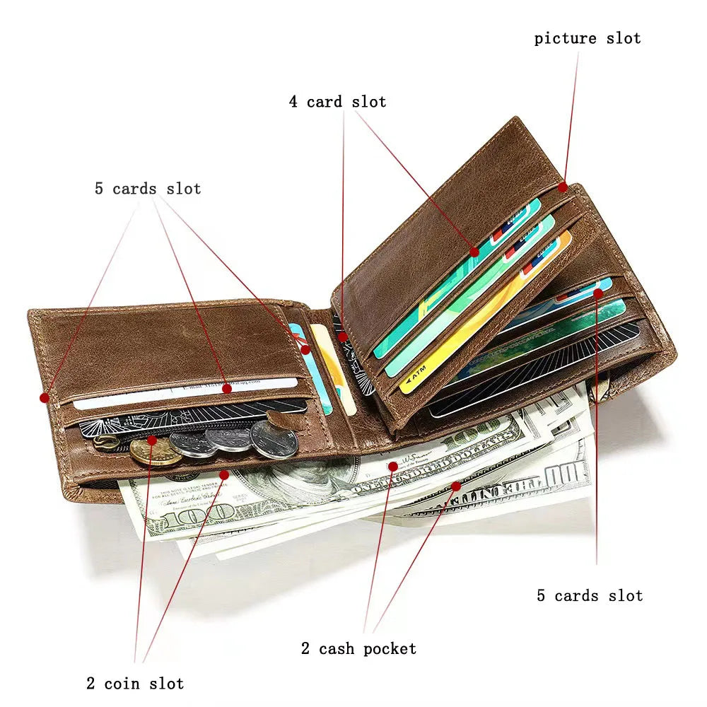 Factory Wholesale Fashionable Credit Card Anti-Fraud RFID Blocking Waterproof Short Zipper Men Top Grain Cow Leather