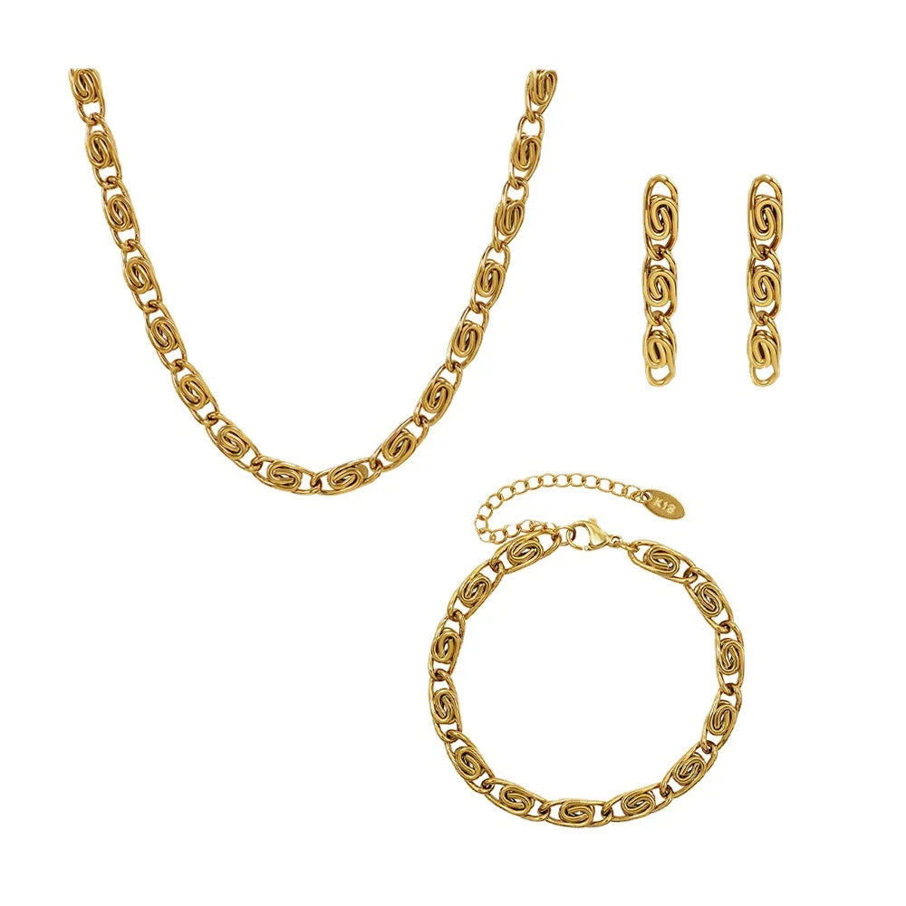Trendy 18K Gold Plated Stainless Steel Hip Hop Thick Chain Women Chokers Necklace Bracelet and Earrings Set