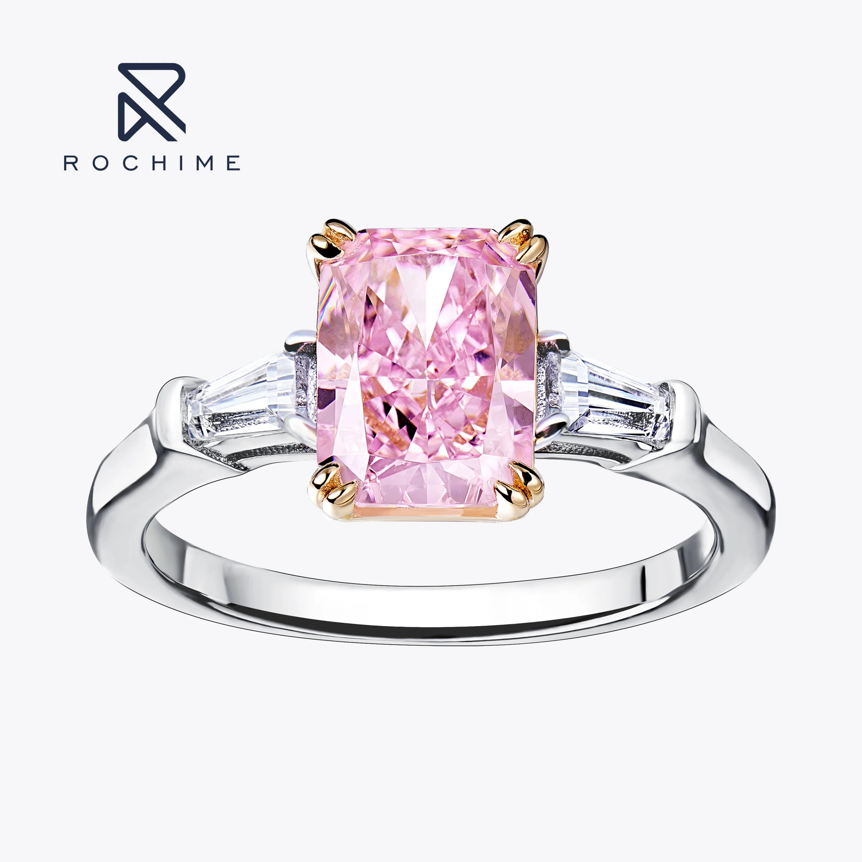Rochime Classic baguette pink Gemstone Rings  925 Sterling Silver Rhodium Plated 5a Zircon Jewelry for Women