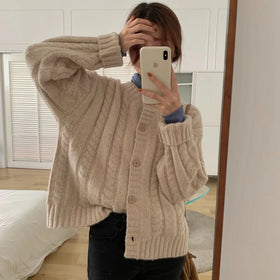 Fashion Ladies Cardigans Purple Twist Jacquard Computer Knitted Sweater Single Breasted Crew Neck Coat for Women