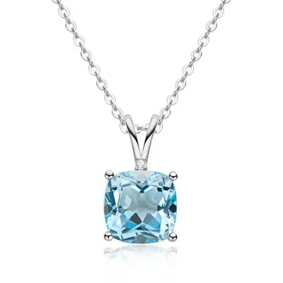 Sun Star Jewelry Fashion Blue Topa Zircon Square Pendant Necklace 925 Sterling Silver Four-Prong Engagement Statement Jewelry