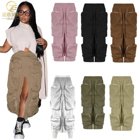New Harajuku Cargo Skirt Women Clothing High Split Big Pockets Cyber Y2K Aesthetic Ankle-Length Womens Skirts