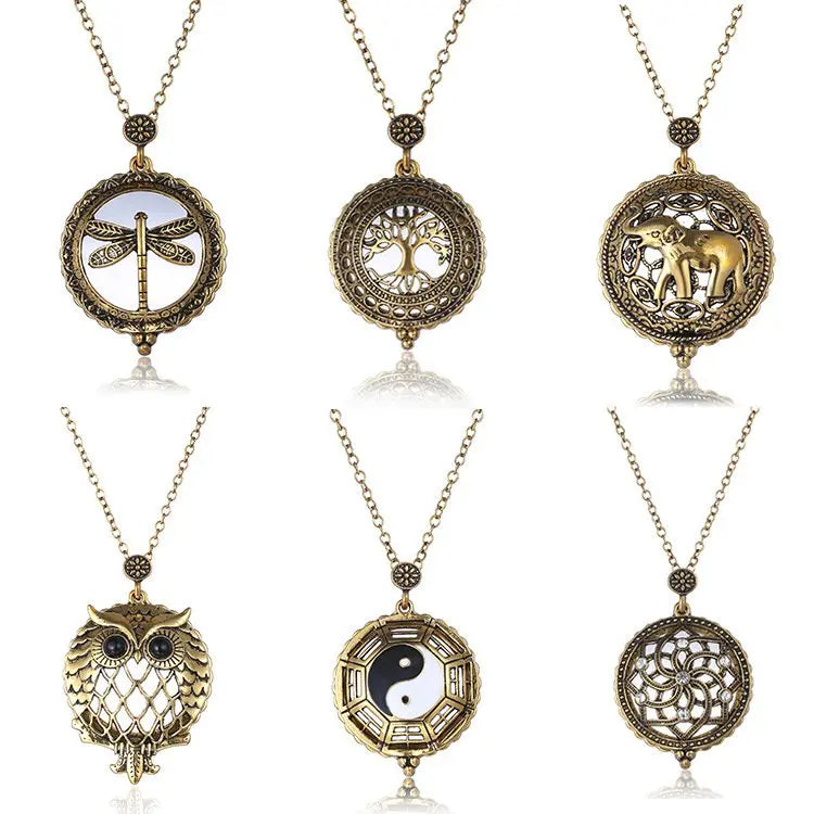 FY-69 Wholesale Jewelry Sweater Necklaces Vintage Owl Dragonfly Life Tree Yinyang Elephant Openable Magnifier Pendant Necklace