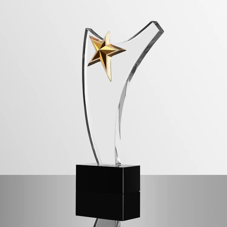 Gold Metal Star Clear Crystal Glass Trophy MH-J0955